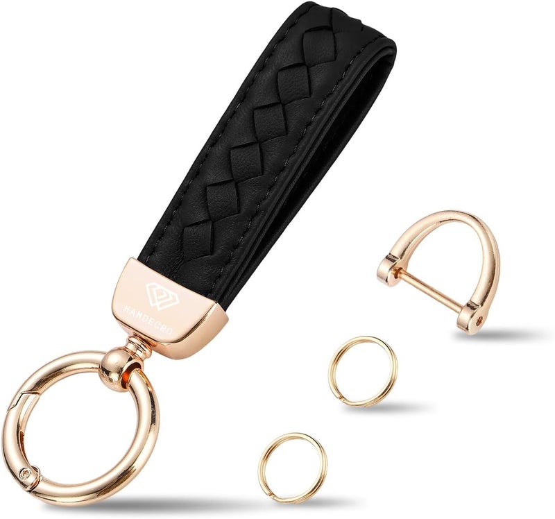 Hamdecro Store Genuine Leather Car Keychain, Handmade Knit Sheepskin Key chains for Women, Universal Key Fob Holder with 360 Degree Rotatable, Anti-Lost D-Ring, 2 Keyrings and 1 Screwdriver – Black - Image 1